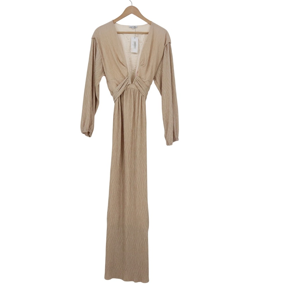 Crescent Deep V Maxi Dress Champagne Crinkle Textured Long Sleeve L NEW